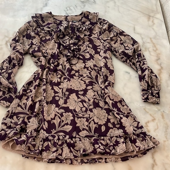 Zara Womens Sz M Purple And Tan Floral Chiffon Ruffle Mini Dress Long Sleeves - Picture 13 of 14